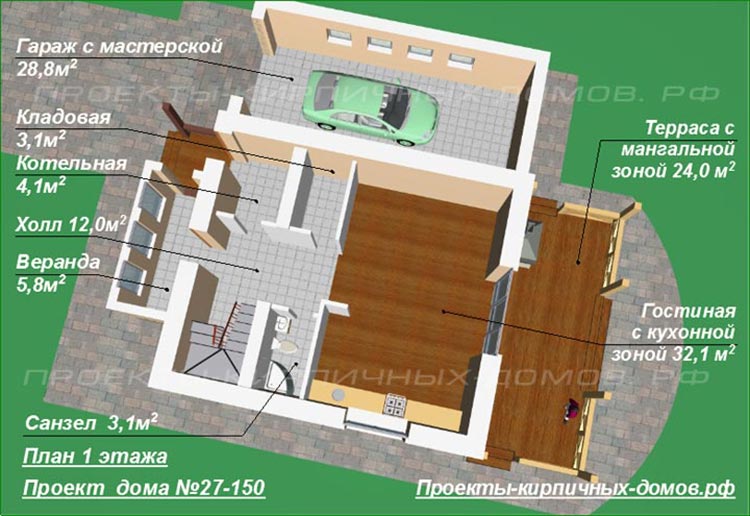 План 1 этажа дома с гаражом и террасой