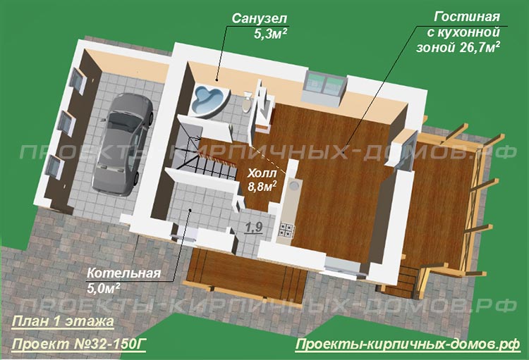 План 1 этажа небольшого дома с гаражом