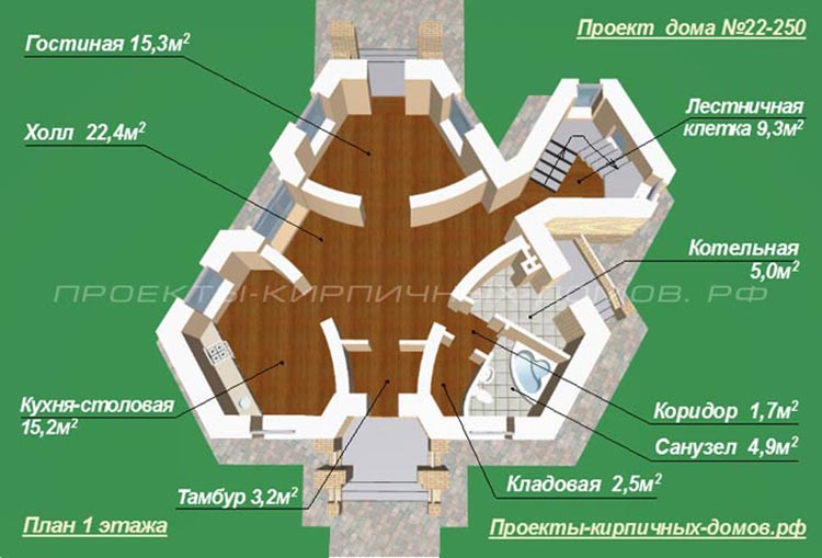 План 1 этажа треугольного дома