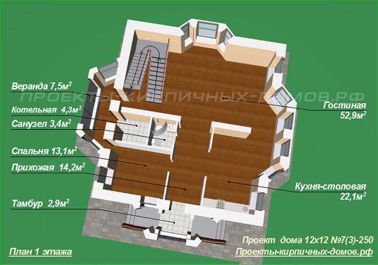 План первого этажа двухэтажного дома 12х12