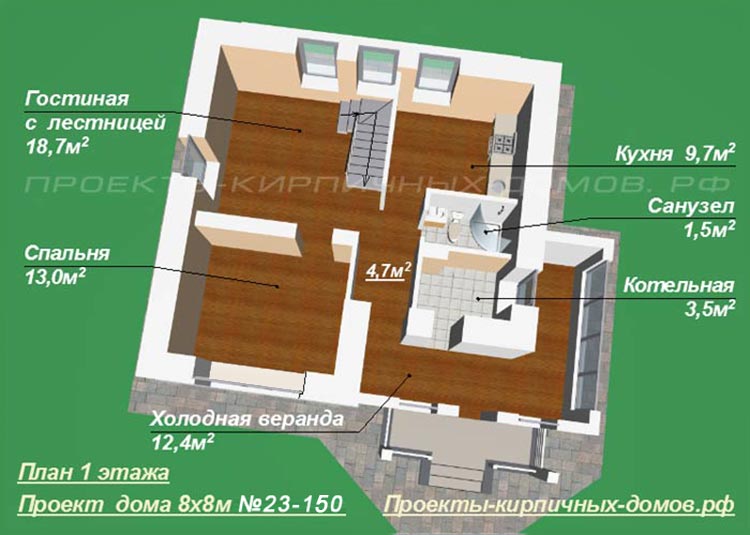 План 1 этажа дома 8x8