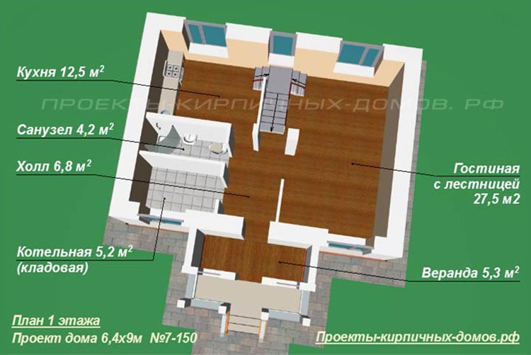 План 1 этажа дома 6,4 на 9 м