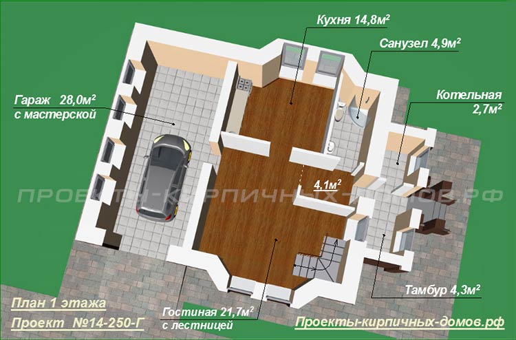 План 1 этажа дома 9 на 12 с гаражом