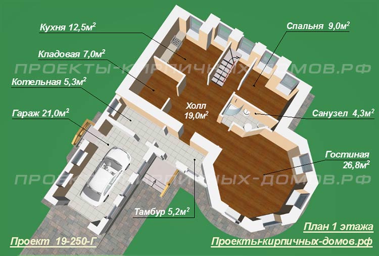 План первого этажа 2-этажного дома с гаражом