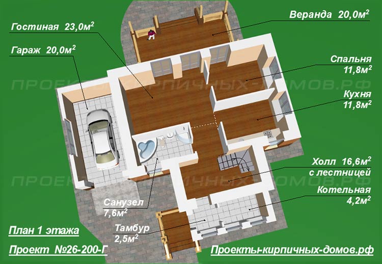 План первого этажа кирпичного дома с гаражом