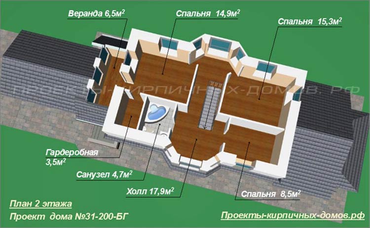 План 2 этажа узкого дома с гаражом и баней