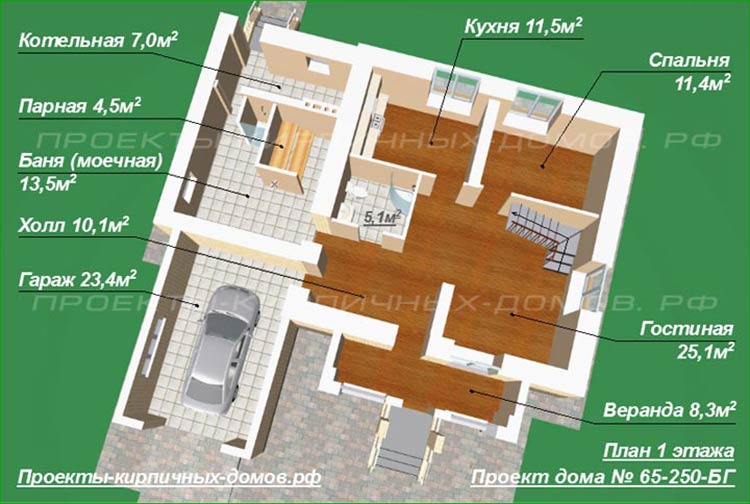 План 1 этажа дома с гаражом и баней