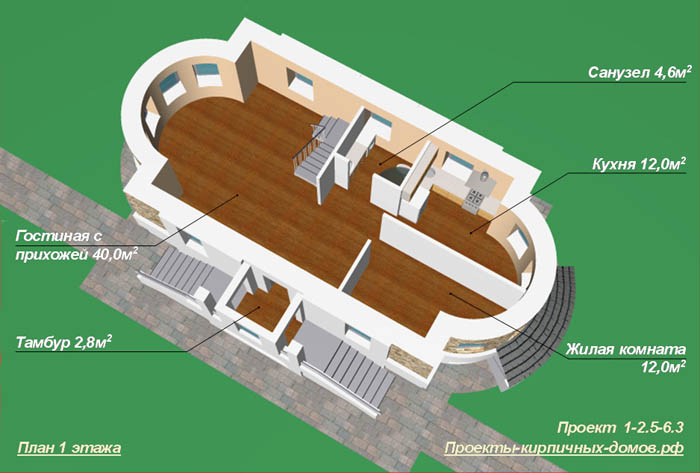 План первого этажа загородного дома с мансардой