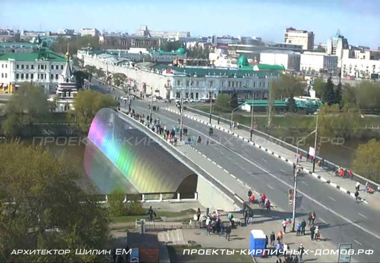 Общий фонтана на Юбилейном мосту в системе городской среды Омска