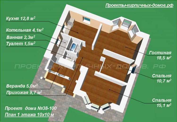План одноэтажного дома 10 на 10 - вариант 1